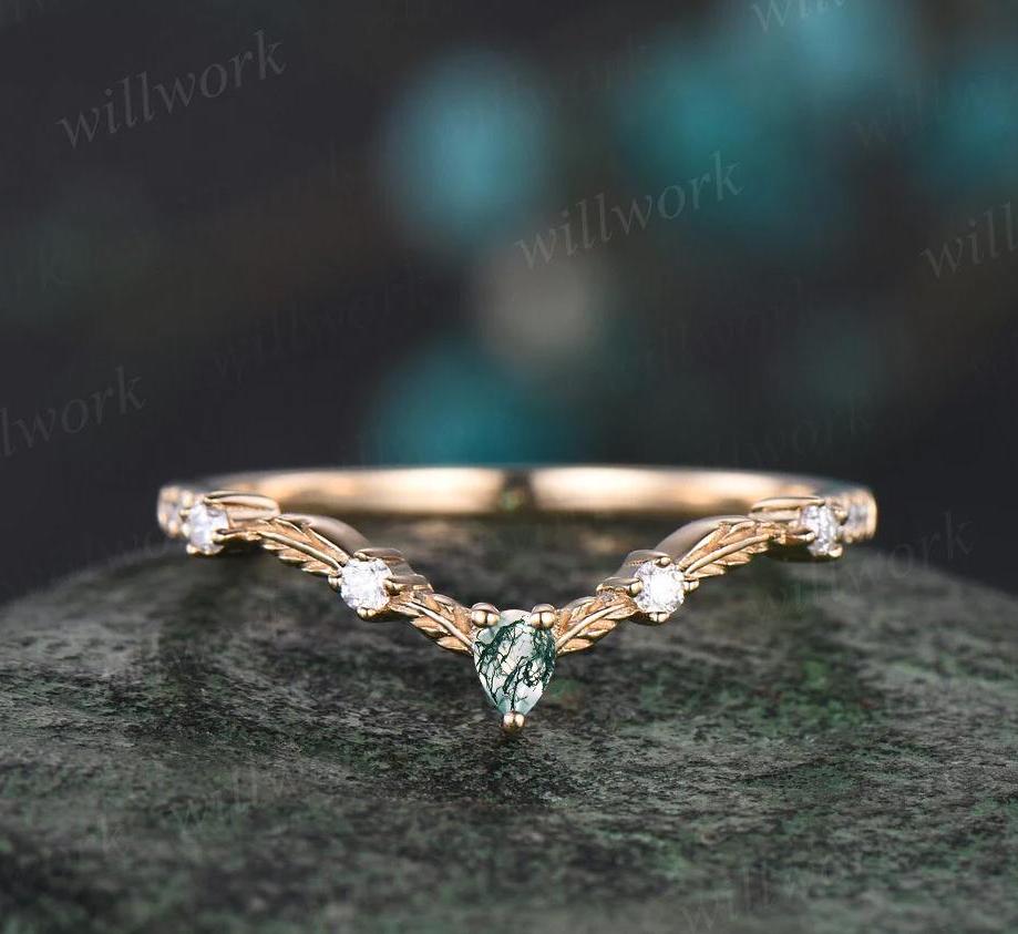 Vintage pear moss agate moissanite wedding band solid 14k yellow gold art deco leaf nature inspired stacking bridal anniversary ring women