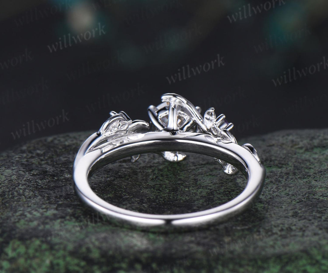 Round cut moissanite ring vintage leaf five stone branch engagement ring white gold nature inspired amethyst anniversary ring gift