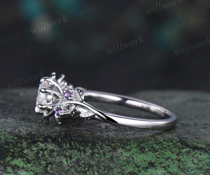 Round cut moissanite ring vintage leaf five stone branch engagement ring white gold nature inspired amethyst anniversary ring gift
