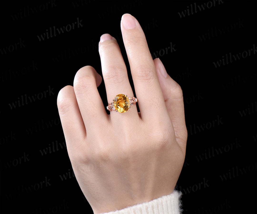 6ct oval cut yellow citrine engagement ring rose gold vintage leaf leaf nature inspired opal ring women unique anniversary gift