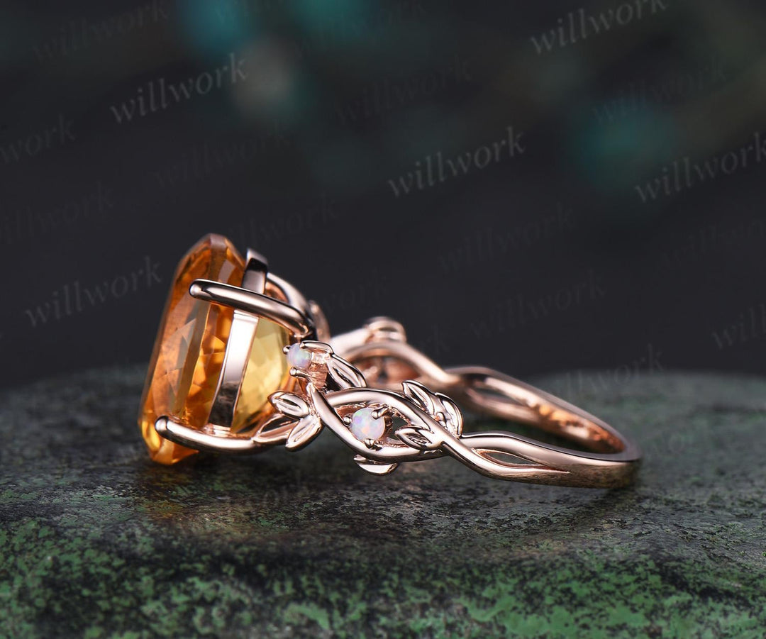 6ct oval cut yellow citrine engagement ring rose gold vintage leaf leaf nature inspired opal ring women unique anniversary gift