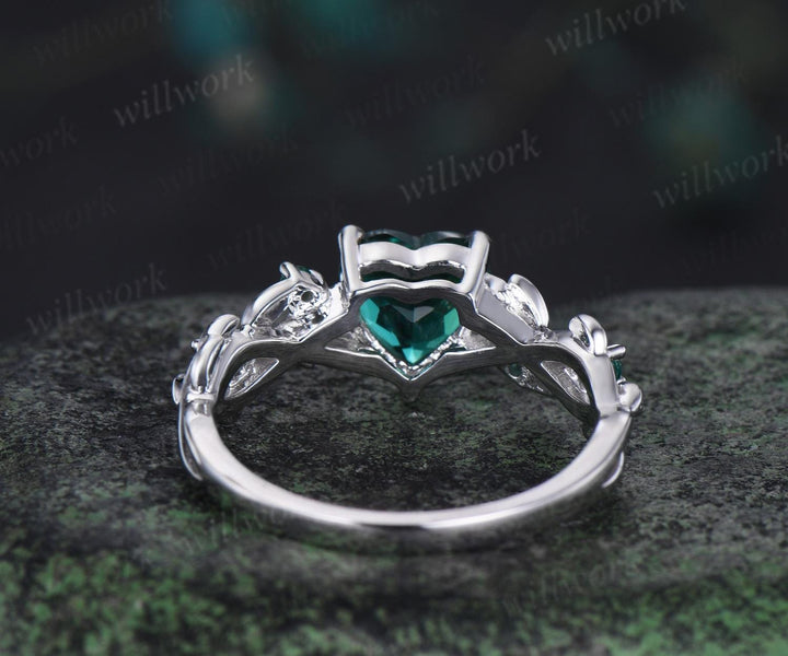 Twig heart cut green emerald engagement ring 14k white gold five stone emerald ring vintage retro gemstone leaf wedding ring women gift