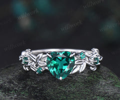 Twig heart cut green emerald engagement ring 14k white gold five stone emerald ring vintage retro gemstone leaf wedding ring women gift