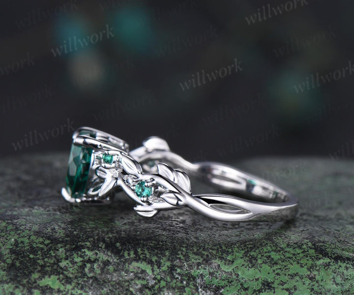 Twig heart cut green emerald engagement ring 14k white gold five stone emerald ring vintage retro gemstone leaf wedding ring women gift