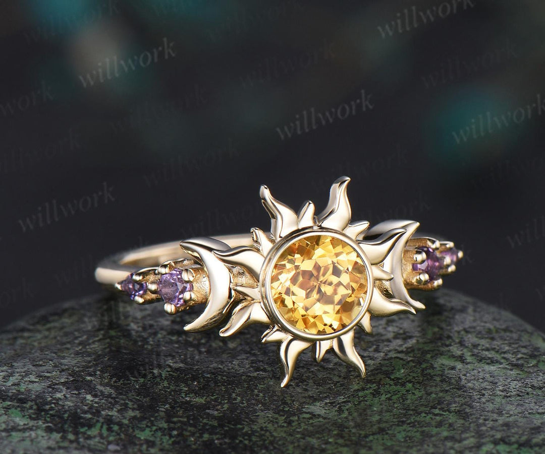 Vintage round cut citrine sun bezel engagement ring solid 14k yellow gold five stone amethyst moon unique bridal ring women