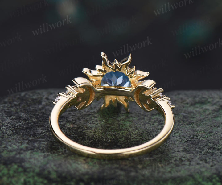 Round aquamarine ring vintage moon sun bezel engagement ring solid 14k yellow gold five stone diamond promise wedding ring women