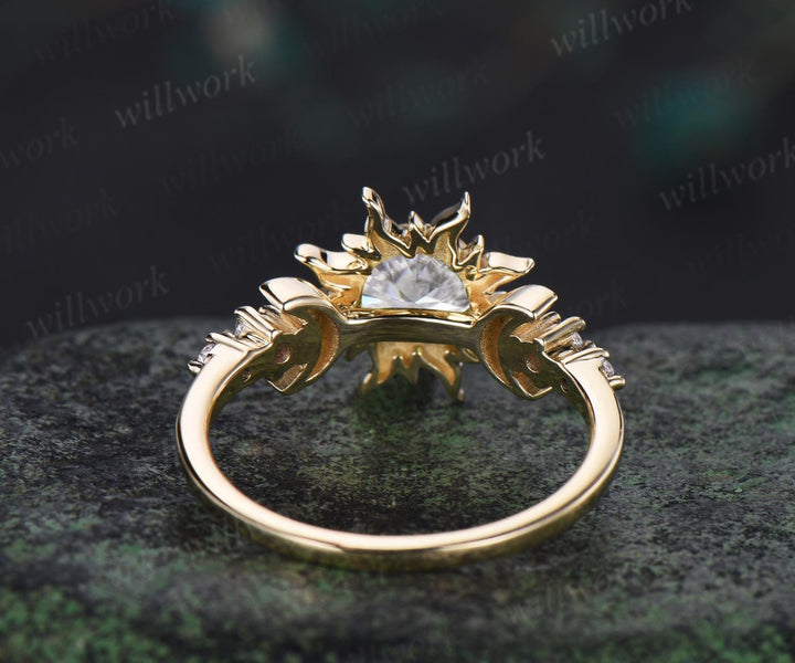 Round cut IGI lab grown diamond engagement ring sun moon promise ring her unique bezel five stone wedding ring women