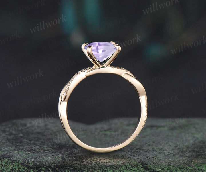Princess cut Lavender Amethyst engagement ring 14k yellow gold 3/4 eternity twisted diamond ring vintage promise ring women jewelry