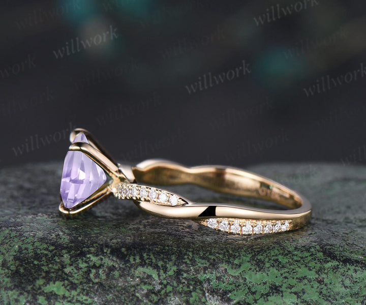Princess cut Lavender Amethyst engagement ring 14k yellow gold 3/4 eternity twisted diamond ring vintage promise ring women jewelry