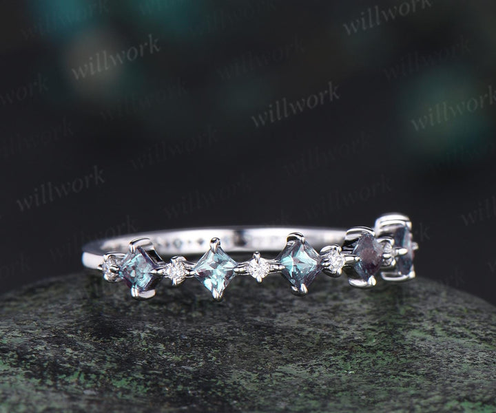 Princess cut alexandrite wedding band solid 14k white gold unique dainty diamond wedding ring band women anniversary ring gift