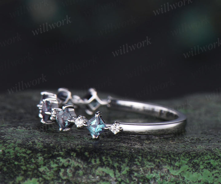 Princess cut alexandrite wedding band solid 14k white gold unique dainty diamond wedding ring band women anniversary ring gift