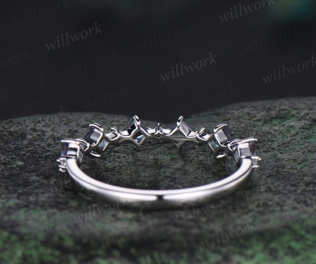 Princess cut alexandrite wedding band solid 14k white gold unique dainty diamond wedding ring band women anniversary ring gift