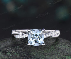 Cushion cut natural aquamarine engagement ring 14k white gold 3/4 eternity rope wrapping twisted diamond wedding promise ring women