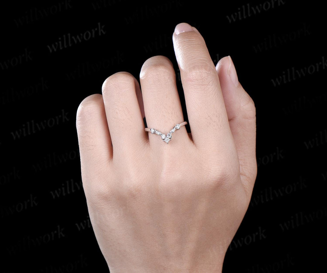 Princess marquise diamond curved wedding band solid 14k white gold stacking matching moissanite bridal ring women gift