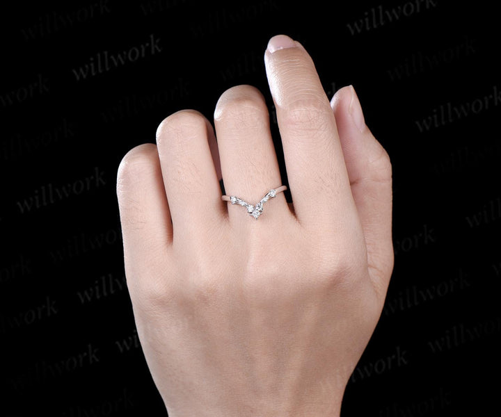 Princess marquise diamond curved wedding band solid 14k white gold stacking matching moissanite bridal ring women gift