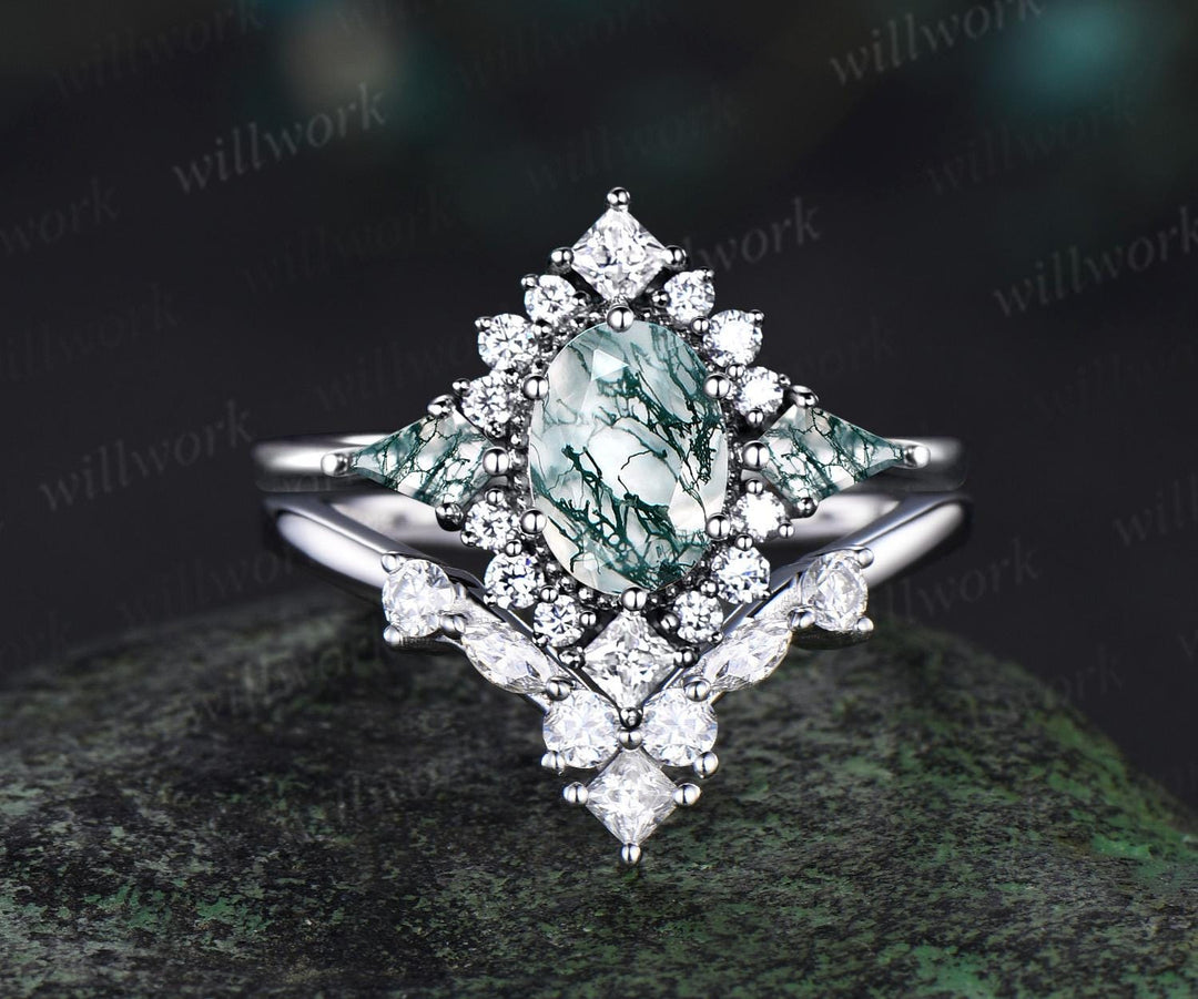 Oval natural moss agate ring vintage halo kite princess engagement ring set solid 14k white gold unique bridal set women jewelry