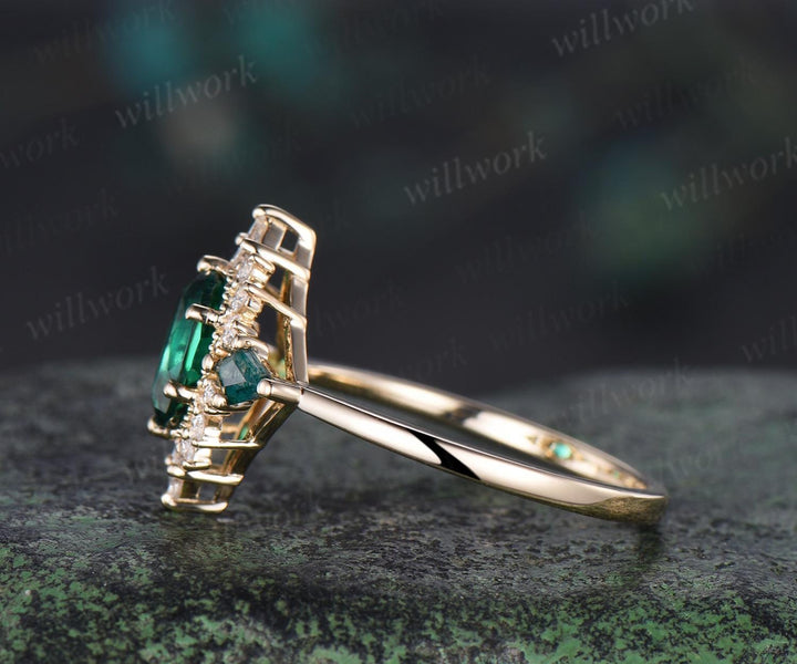 Oval cut emerald ring vintage halo princess engagement ring kite moss agate solid 14k yellow gold unique wedding ring women jewelry