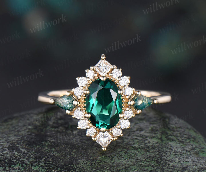 Oval cut emerald ring vintage halo princess engagement ring kite moss agate solid 14k yellow gold unique wedding ring women jewelry