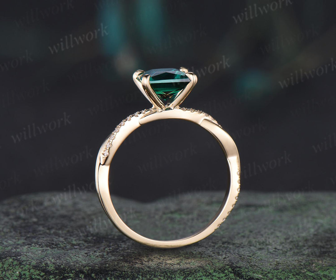 Princess cut green emerald engagement ring 14k yellow gold 3/4 eternity twisted diamond ring vintage promise ring women jewelry