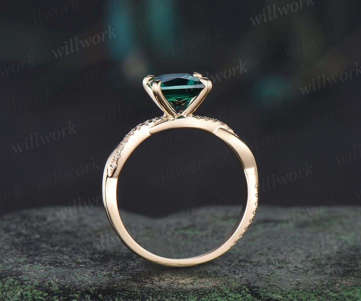 Princess cut green emerald engagement ring 14k yellow gold 3/4 eternity twisted diamond ring vintage promise ring women jewelry