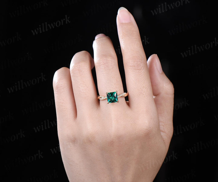 Princess cut green emerald engagement ring 14k yellow gold 3/4 eternity twisted diamond ring vintage promise ring women jewelry
