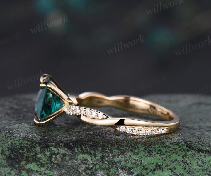 Princess cut green emerald engagement ring 14k yellow gold 3/4 eternity twisted diamond ring vintage promise ring women jewelry