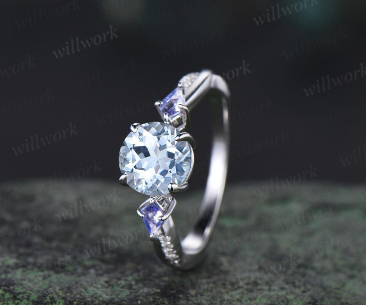 Vintage round cut aquamarine engagement ring 14k white gold kite Tanzanite ring twisted infinity diamond promise ring women