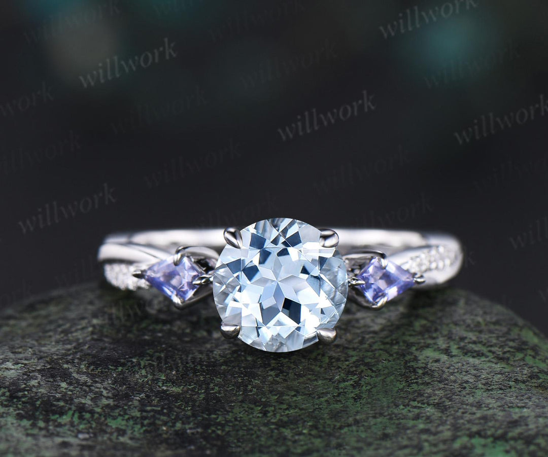 Vintage round cut aquamarine engagement ring 14k white gold kite Tanzanite ring twisted infinity diamond promise ring women
