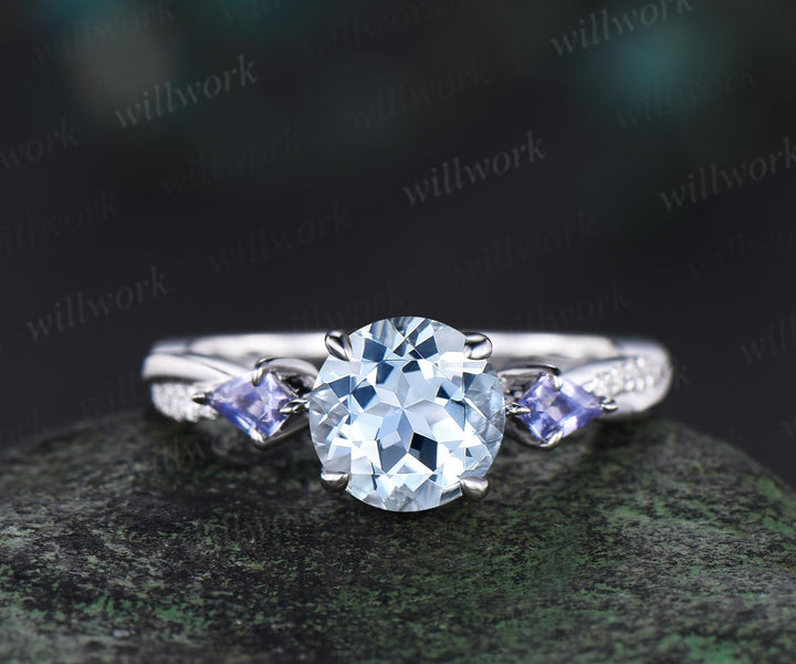Vintage round cut aquamarine engagement ring 14k white gold kite Tanzanite ring twisted infinity diamond promise ring women