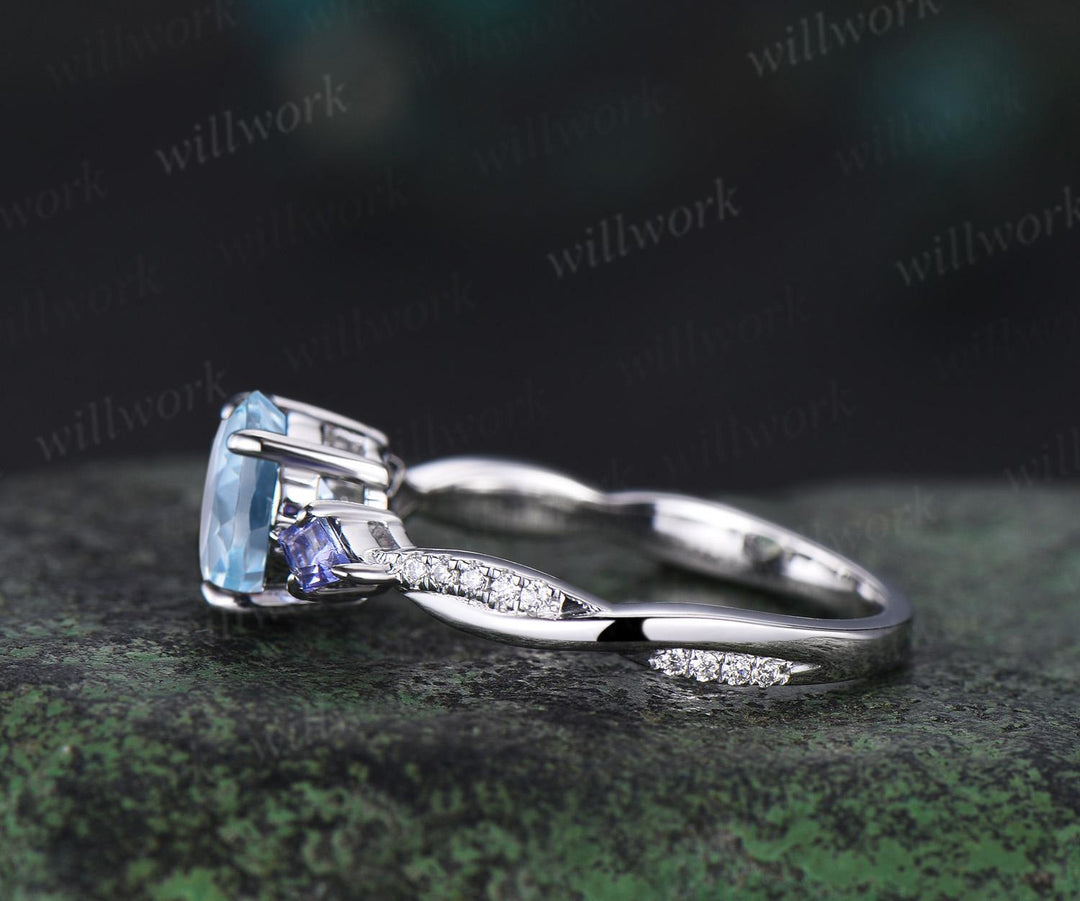 Vintage round cut aquamarine engagement ring 14k white gold kite Tanzanite ring twisted infinity diamond promise ring women