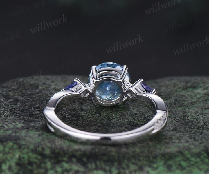 Vintage round cut aquamarine engagement ring 14k white gold kite Tanzanite ring twisted infinity diamond promise ring women