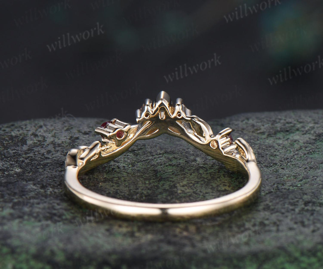 Celtic knot leaf natural ruby wedding band solid 14k yellow gold stacking matching bridal anniversary ring gift Norse Viking Jewelry
