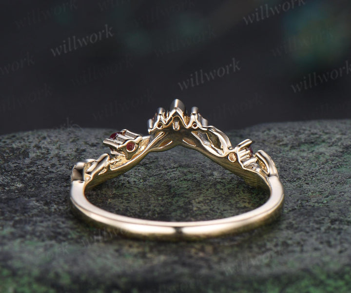 Celtic knot leaf natural ruby wedding band solid 14k yellow gold stacking matching bridal anniversary ring gift Norse Viking Jewelry