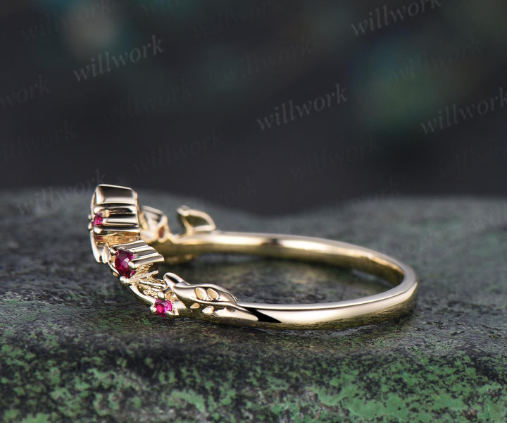 Celtic knot leaf natural ruby wedding band solid 14k yellow gold stacking matching bridal anniversary ring gift Norse Viking Jewelry