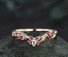 Celtic knot leaf natural ruby wedding band solid 14k yellow gold stacking matching bridal anniversary ring gift Norse Viking Jewelry