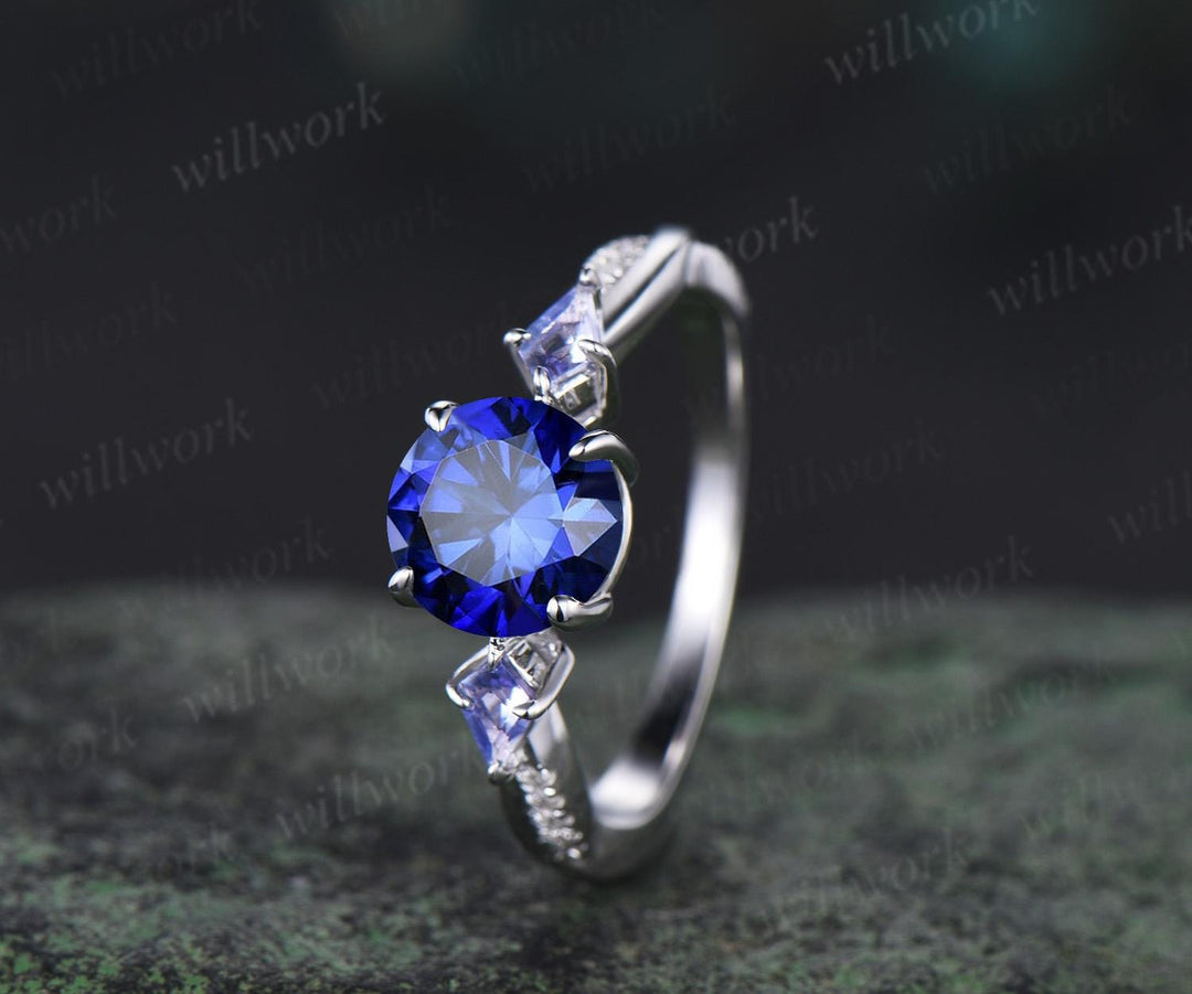 Round cut blue sapphire engagement ring kite Tanzanite ring white gold retro 3/4 eternity diamond promise ring her jewelry