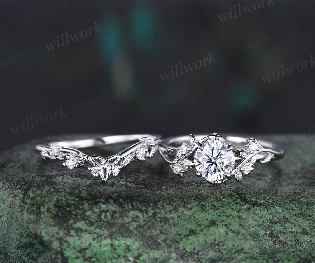 Vintage 1ct round cut IGI Lab grown diamond engagement ring set leaf nature inspired five stone wedding promise ring set women