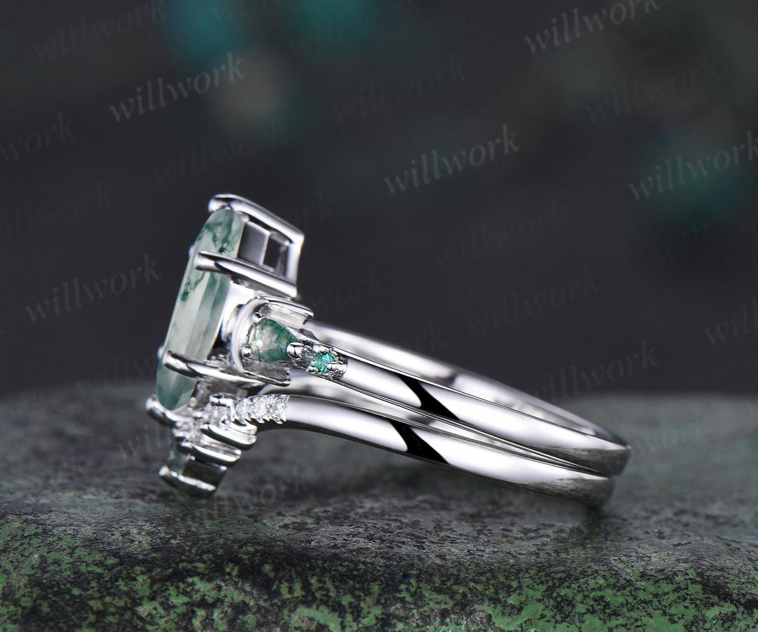 1ct marquise cut natural moss agate engagement ring set women 14k white gold 6 prong five stone moon stacking bridal ring set