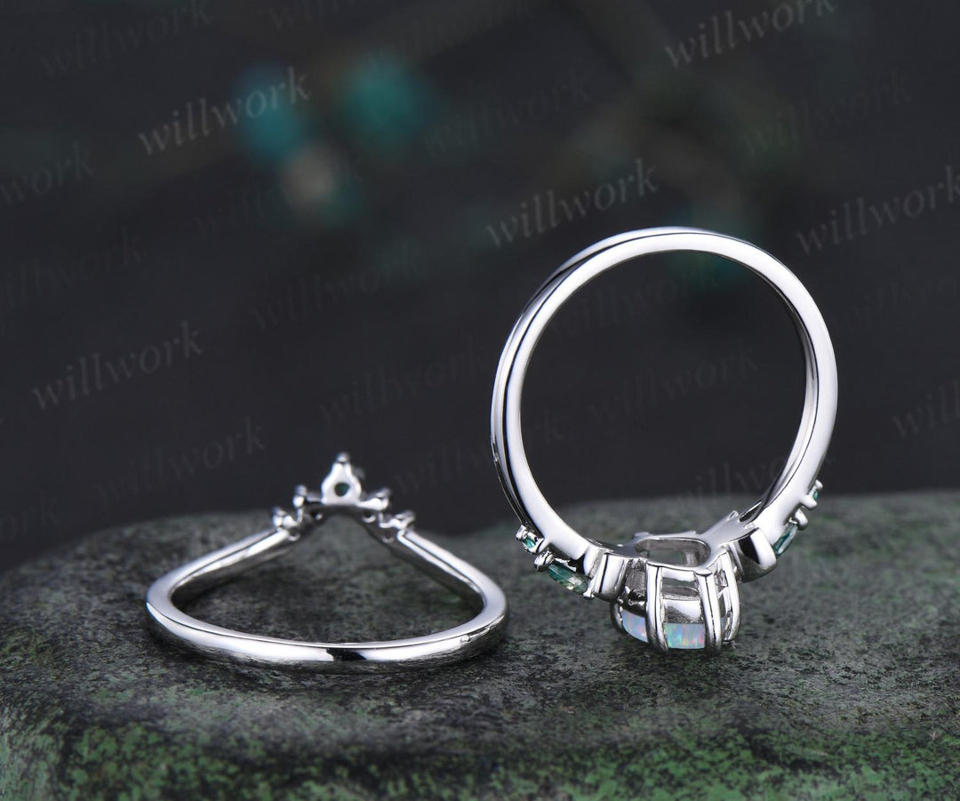 Marquise white opal engagement ring set women 14k white gold 6 prong five stone moon stacking anniversary ring set gift