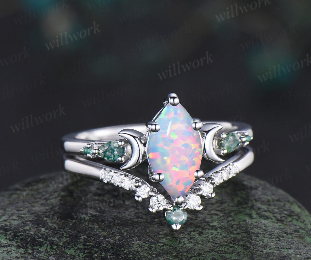 Marquise white opal engagement ring set women 14k white gold 6 prong five stone moon stacking anniversary ring set gift