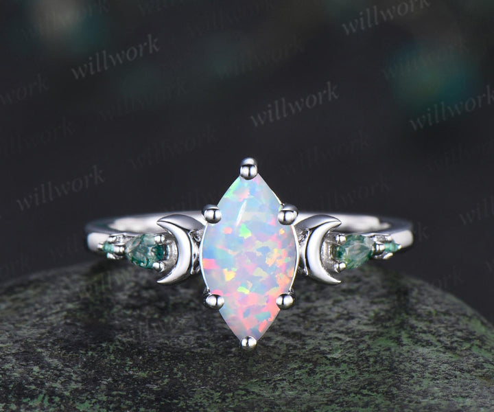 Marquise white opal engagement ring set women 14k white gold 6 prong five stone moon stacking anniversary ring set gift