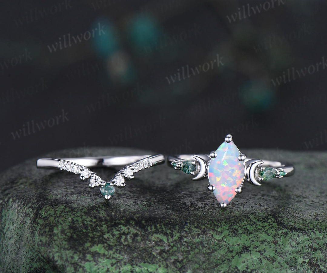 Marquise white opal engagement ring set women 14k white gold 6 prong five stone moon stacking anniversary ring set gift