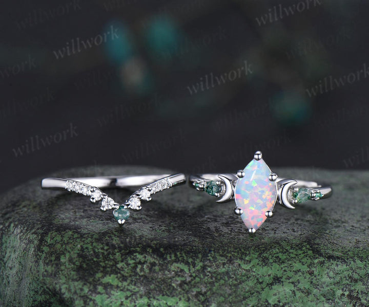 Marquise white opal engagement ring set women 14k white gold 6 prong five stone moon stacking anniversary ring set gift