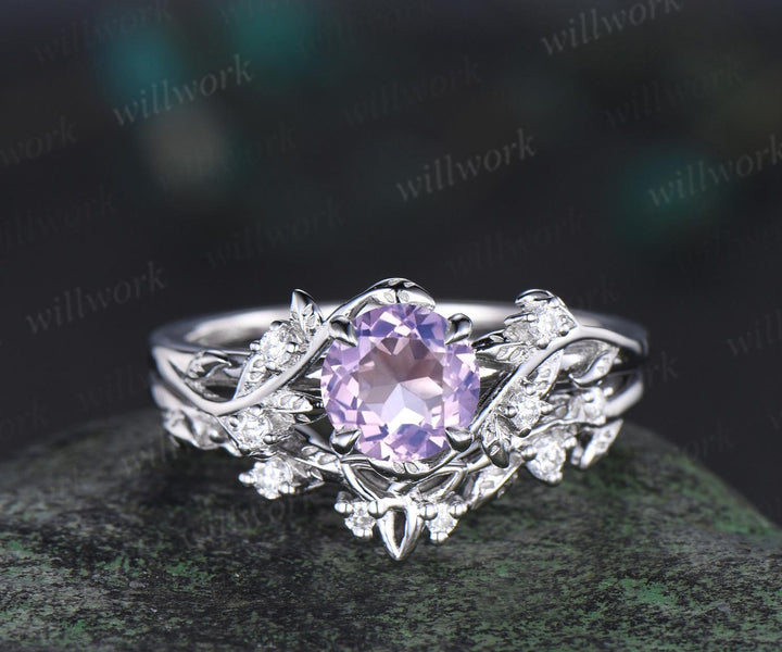 1ct round cut Lavender Amethyst engagement ring set 14k white gold leaf five stone diamond ring women nature inspired bridal set gift