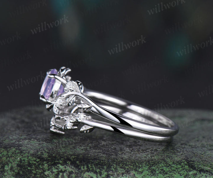 1ct round cut Lavender Amethyst engagement ring set 14k white gold leaf five stone diamond ring women nature inspired bridal set gift