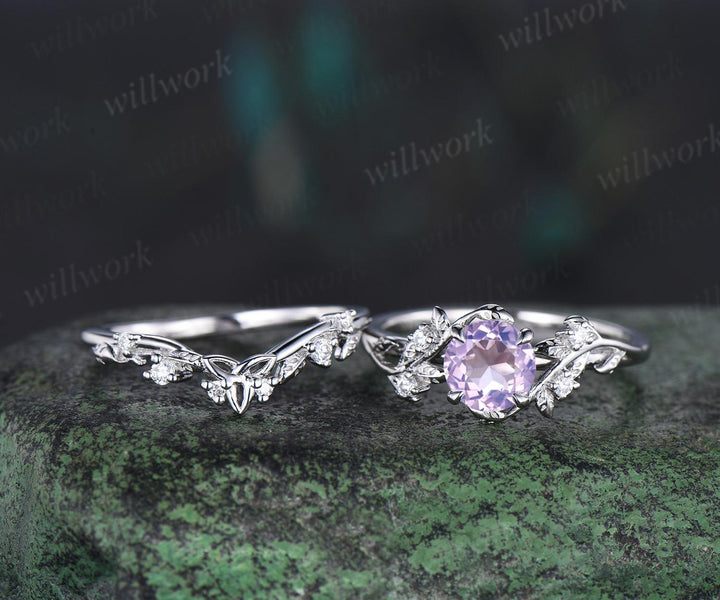 1ct round cut Lavender Amethyst engagement ring set 14k white gold leaf five stone diamond ring women nature inspired bridal set gift