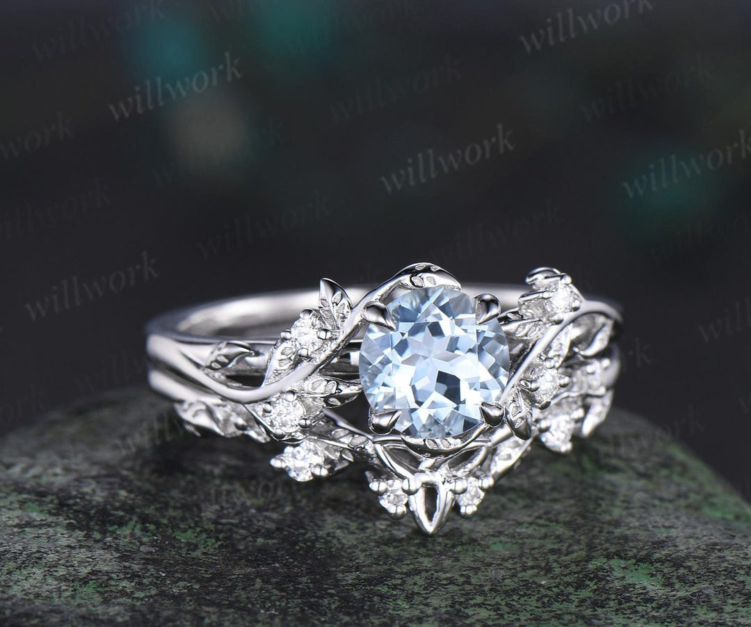 1ct round cut aquamarine ring white gold unique nature inspired engagement ring set Celtic knot diamond promise ring set women jewelry