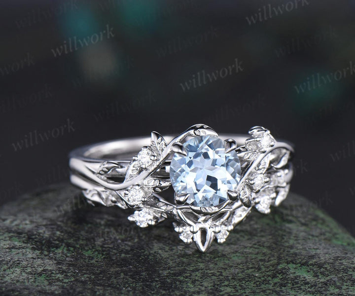 1ct round cut aquamarine ring white gold unique nature inspired engagement ring set Celtic knot diamond promise ring set women jewelry