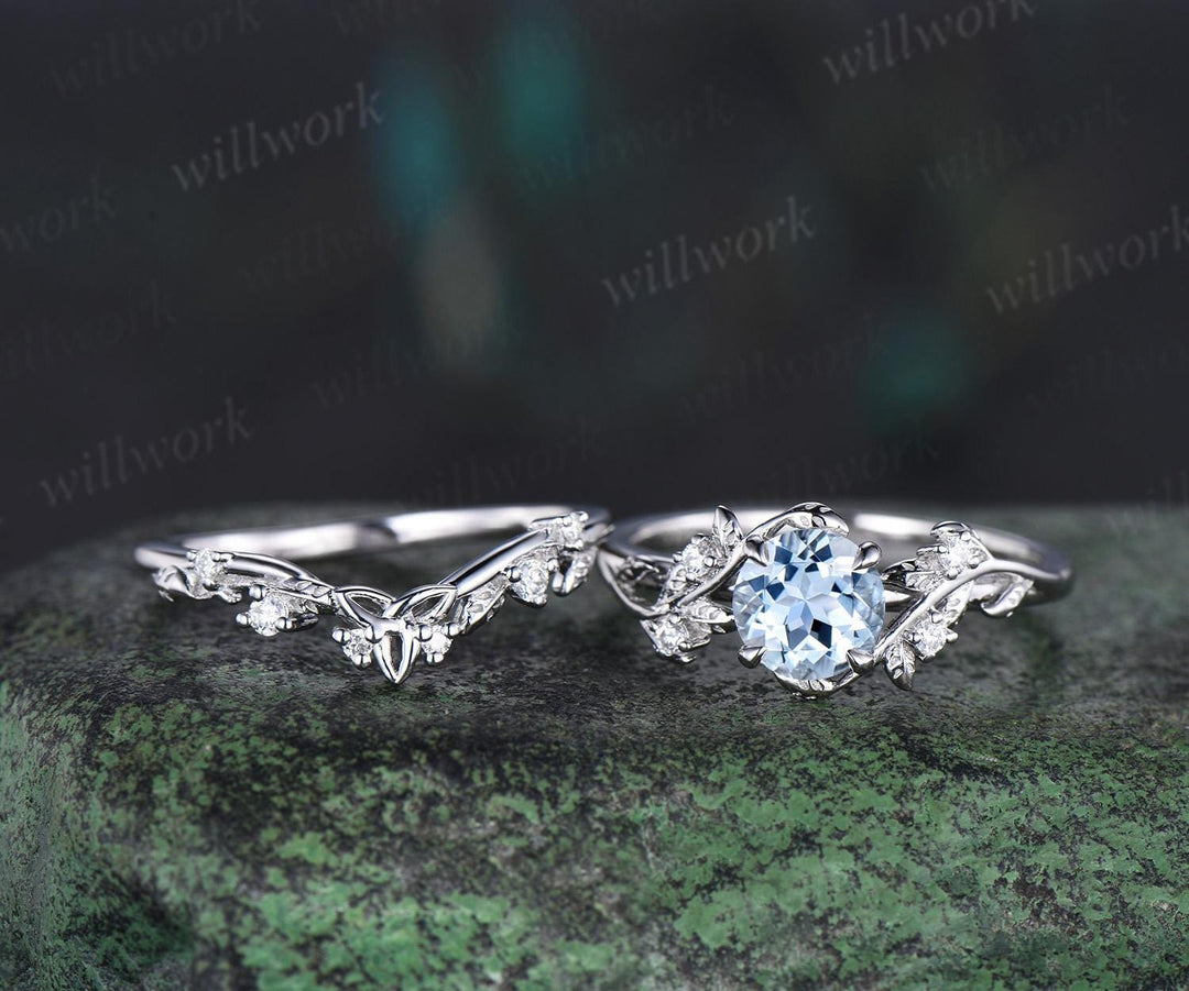 1ct round cut aquamarine ring white gold unique nature inspired engagement ring set Celtic knot diamond promise ring set women jewelry