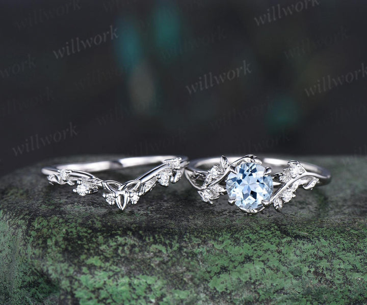 1ct round cut aquamarine ring white gold unique nature inspired engagement ring set Celtic knot diamond promise ring set women jewelry